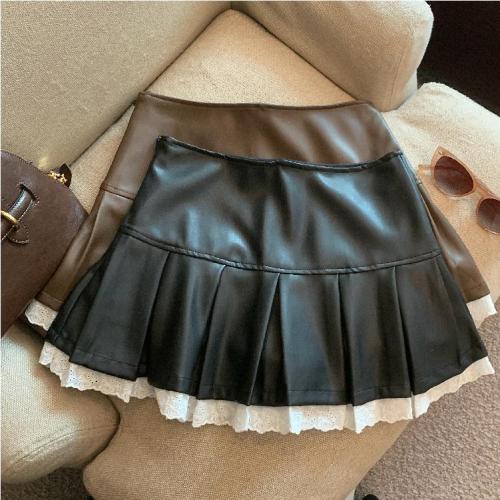 Actual shot of Autumn and Winter Replica Pu Lace Spliced ​​Skirt