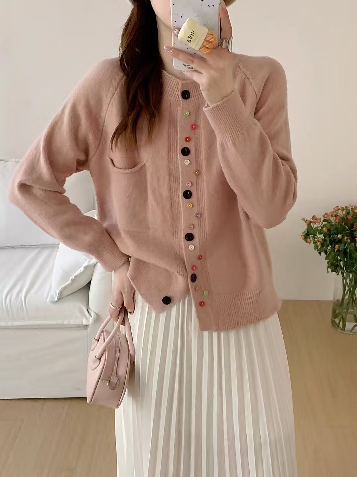 Personalized colorful button round neck twist thin long-sleeved sweater simple solid color slimming age-reducing cardigan sweater for women