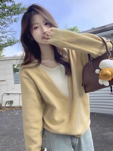 Song Zhengen's navy blue fake two-piece sweater for women early autumn new loose high-end lazy Korean sweater long-sleeved top