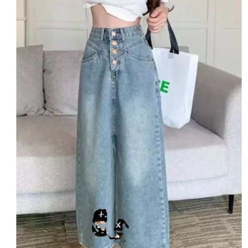 Autumn high-waisted loose slimming mid-length slit skirt with temperament and versatile retro denim skirt