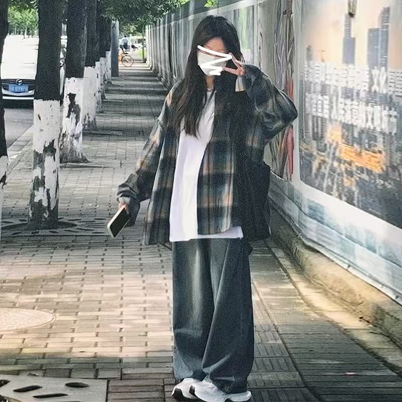 2024新款初秋美式慵懶風格子襯衫外套女秋冬季襯衣小個子長袖上衣