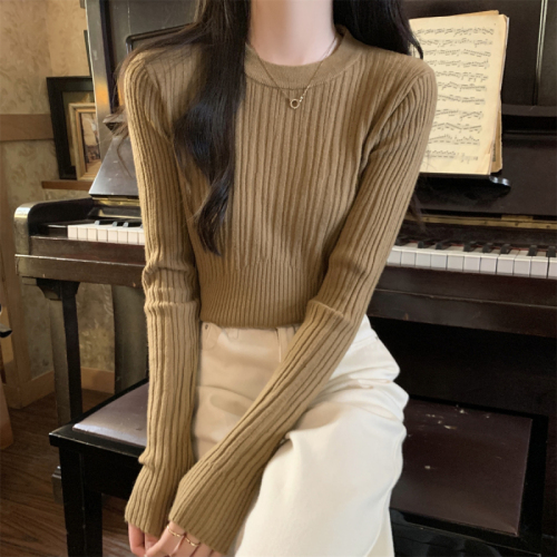 Autumn and winter Korean style slim round neck solid color unique design Andy velvet knitted bottoming sweater for women