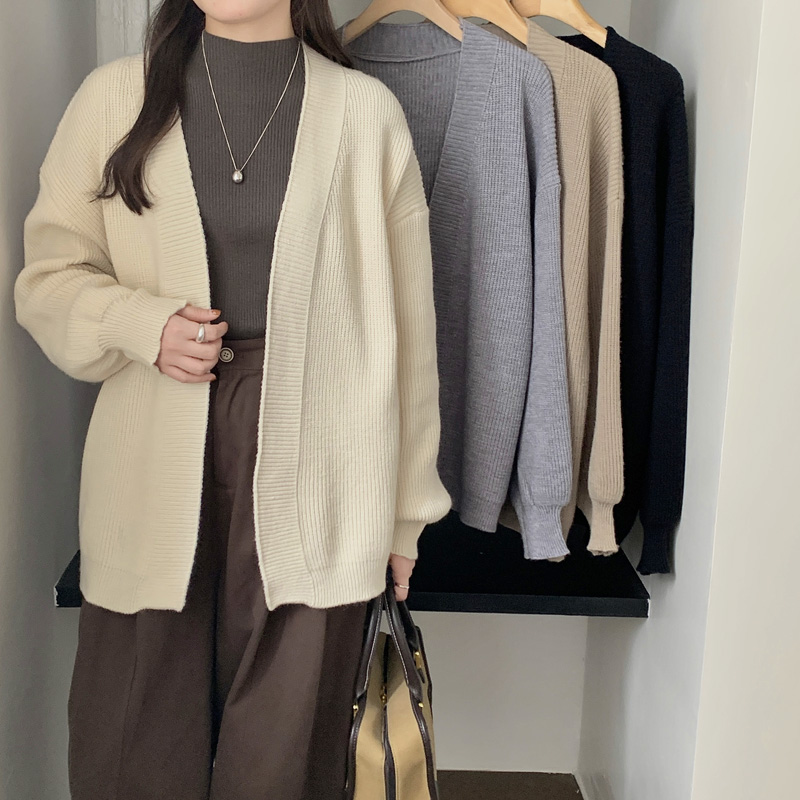 Real shot ~ Korean chic autumn lazy style V-neck versatile loose casual solid color knitted cardigan sweater jacket