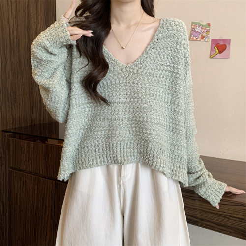 Actual shot of new design large V-neck knitted sweater top for women