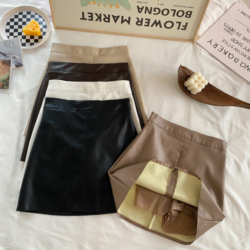 Real shot of leather skirt for women 2024 autumn anti-exposure pants skirt versatile skirt PU leather short skirt high waist a-line skirt