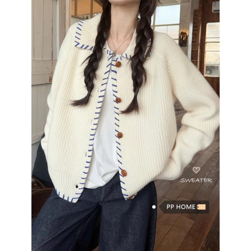 PPHOME Designers' Hand-dyed Embroidered Thread Knit Cardigan Sweater Autumn Korean Style Lazy Outerwear Loose Jacket