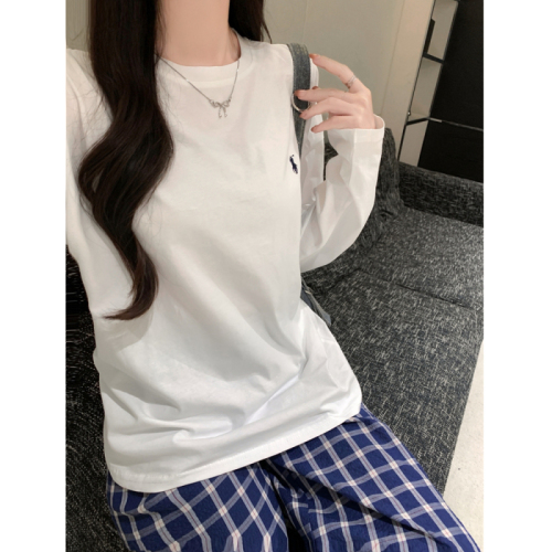 Real shot 210g pure cotton 100% cotton pony logo embroidered t-shirt bottoming shirt for women in autumn loose large size