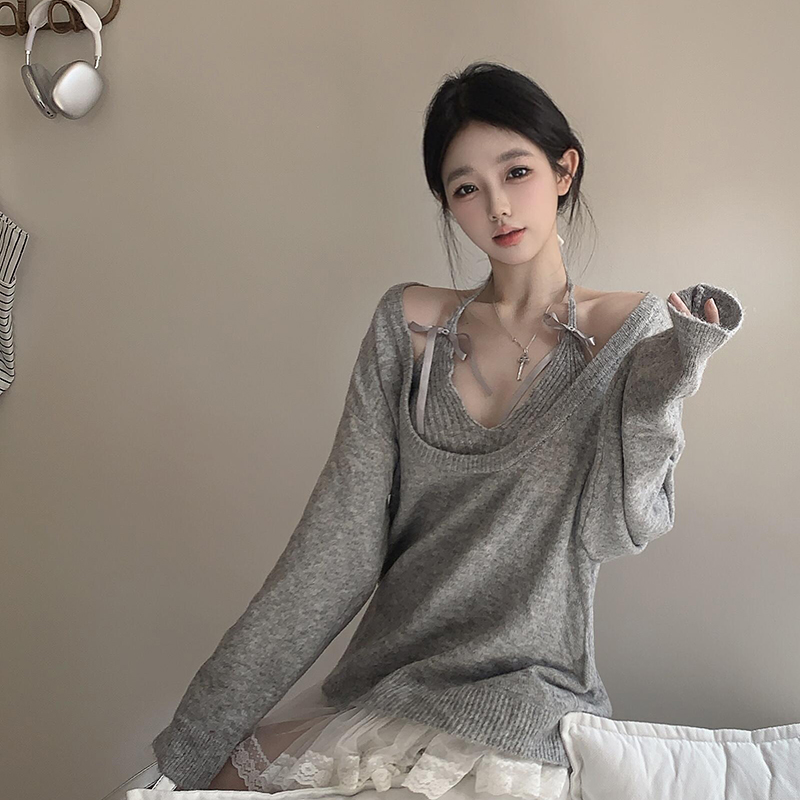 小眾韓式V領掛脖蝴蝶結吊帶女2024新款時尚鬆弛感灰色寬鬆針織衫