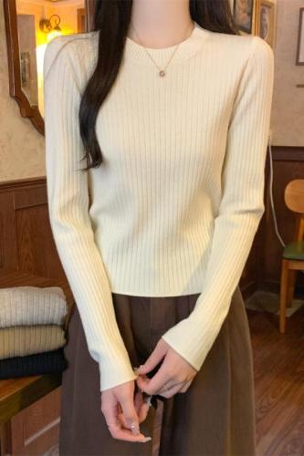 Actual shot of autumn and winter Korean style round neck versatile pit strip slim andy velvet knitted bottoming shirt long-sleeved top for women