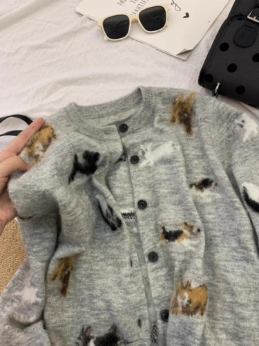 Grey Cute Dog Knitted Cardigan Sweater Women's Autumn and Winter Loose Lazy Style Soft and Fluffy Outerwear Short Jacket Top 