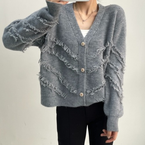 Real shot of thickened good quality V-neck tassel special wool yarn sweater cardigan jacket