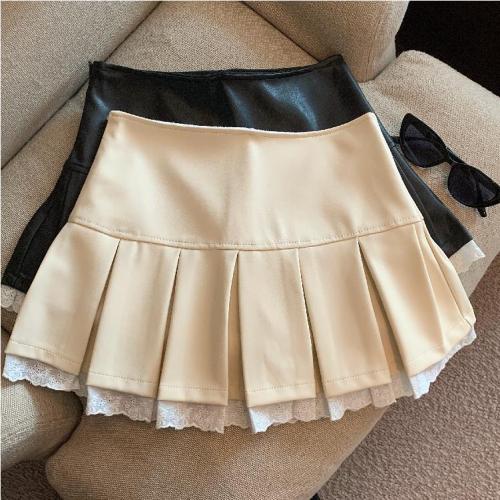 Actual shot of Autumn and Winter Replica Pu Lace Spliced ​​Skirt