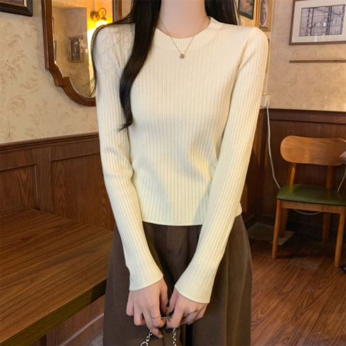 Actual shot of autumn and winter Korean style round neck versatile pit strip slim andy velvet knitted bottoming shirt long-sleeved top for women