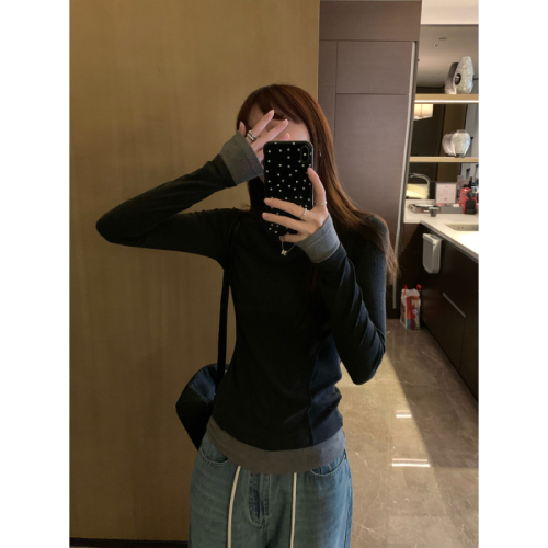 Actual shot of autumn and winter Korean style slim fit contrasting color round neck herringbone temperament slimming inner long-sleeved T-shirt top