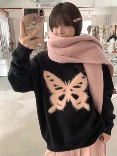 Song Zhengen Sweet and Spicy Butterfly Loose Black Sweater Women's Autumn Round Neck Imitation Mink Fur Premium Lazy Top Jacket