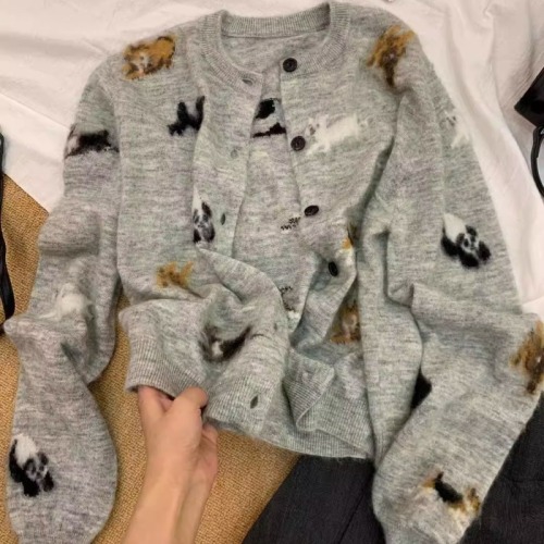 Grey Cute Dog Knitted Cardigan Sweater Women's Autumn and Winter Loose Lazy Style Soft and Fluffy Outerwear Short Jacket Top 