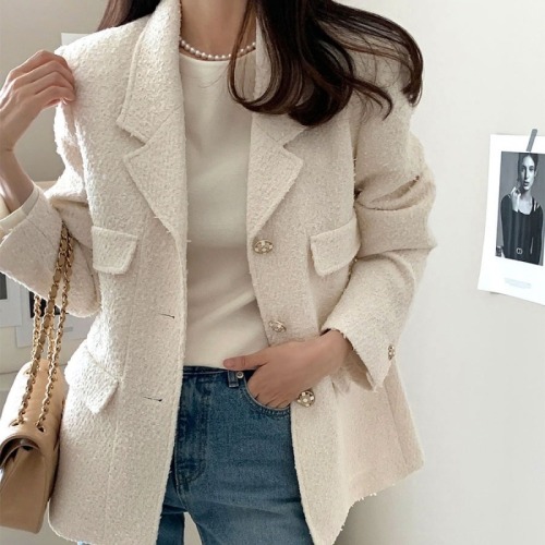 2024 Autumn and Winter Korean Dongdaemun Chic Xiaoxiang Style Jacket Slim Fake Pocket Tweed Blazer