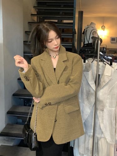 Actual shot of new autumn Korean style retro loose striped suit woolen jacket for women