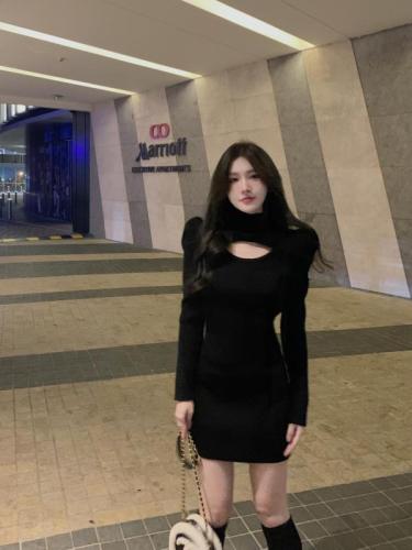 Real shot of sweet temperament waist slimming hip skirt for women autumn and winter hollow long-sleeved knitted dress