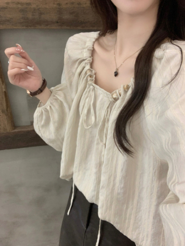 Real shot!  French retro gentle style round neck drawstring top apricot loose versatile striped long-sleeved shirt