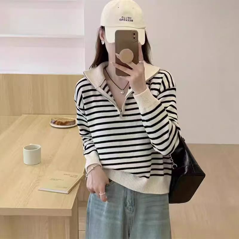 條紋翻領毛衣女2024新款春秋設計感拉鏈日系慵懶復古高級感針織衫