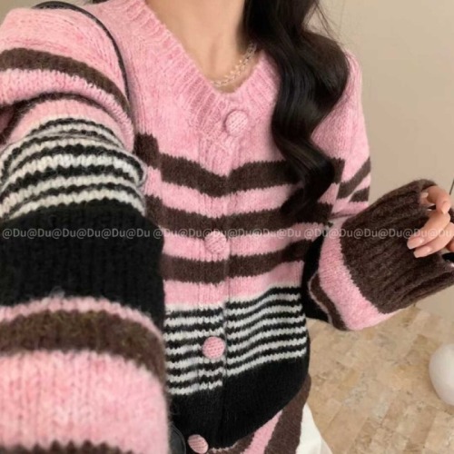 Autumn and winter new style Korean atmosphere wear matching color striped knitted imitation mohair fleece sweater cardigan jacket