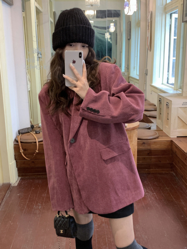 Actual shot of Korean style corduroy suit jacket with high-end design for women