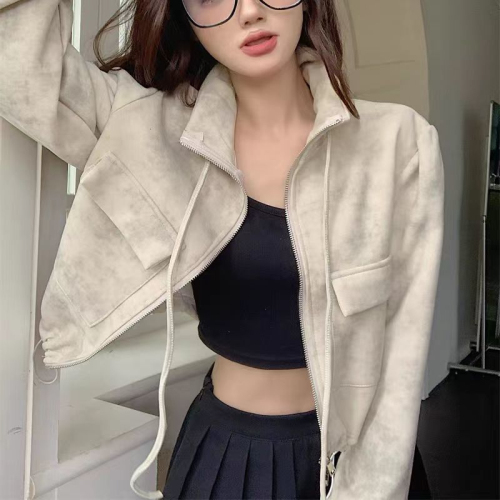 American Hot Girl Double Zipper Short Work Jacket Women's 2024 Spring New Loose Slim High Waist Drawstring Top