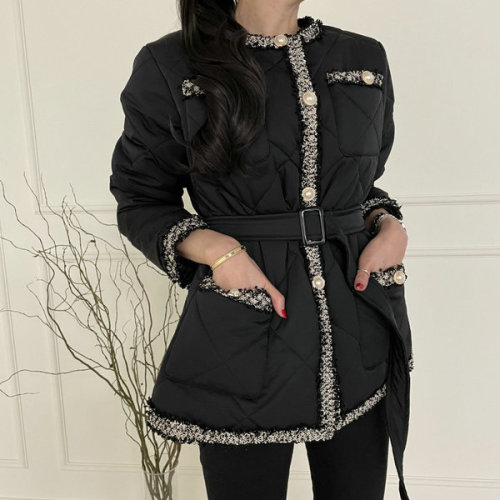 Korean chic tassel raw edge pearl button small fragrant rhombus quilted waist cotton coat for slimming women