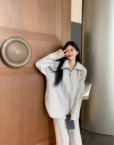 Real shot~Soft waxy alpaca loose stand-up collar zipper sweater knitted wide-leg trousers fashion suit for women