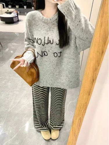 American hot girl design letter bead embroidered knitted sweater for women 2024 autumn gray pullover loose long-sleeved top