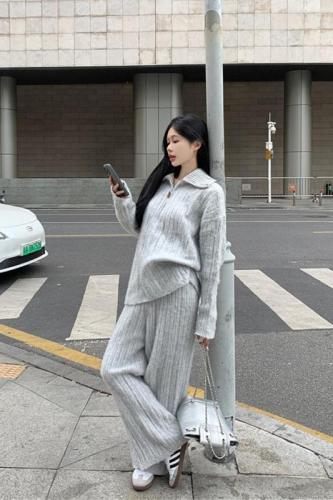 Real shot~Soft waxy alpaca loose stand-up collar zipper sweater knitted wide-leg trousers fashion suit for women