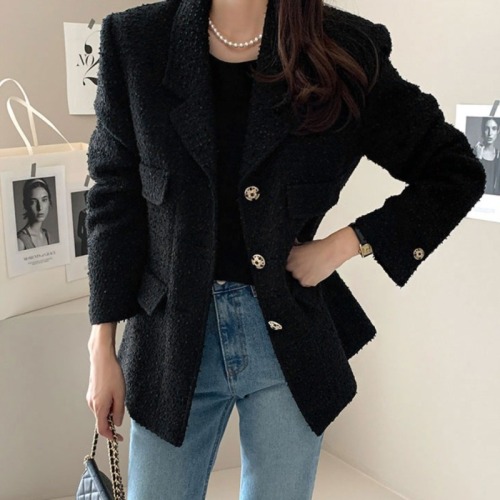 2024 Autumn and Winter Korean Dongdaemun Chic Xiaoxiang Style Jacket Slim Fake Pocket Tweed Blazer