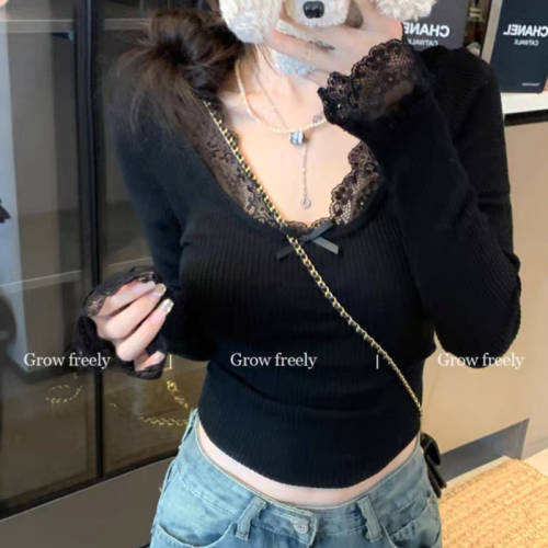 Grow Freely Hot Girl Pure Desire Sexy Long Sleeve Innerwear Base Shirt Women's Lace Patched Slim-Fit Short Top