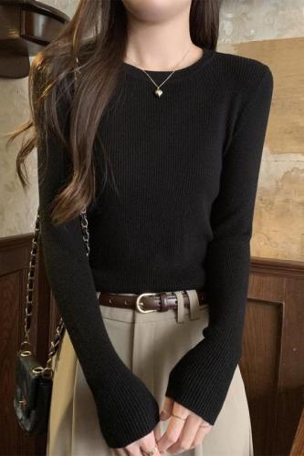 Actual shot of autumn and winter Korean style slim round neck simple and versatile solid color Andy velvet long-sleeved bottoming knitted top