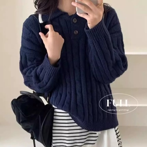 Korean soft and waxy autumn and winter new style knitted solid color versatile twist jacquard lapel loose lazy style sweater base for women