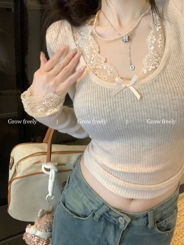 Grow Freely Hot Girl Pure Desire Sexy Long Sleeve Innerwear Base Shirt Women's Lace Patched Slim-Fit Short Top