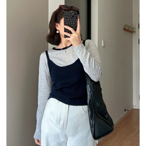 Korean retro soft waxy cashmere contrasting sweater for women autumn layering versatile camisole bottoming two-piece top