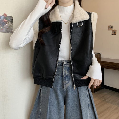 Real shot Autumn and winter fur one-piece loose PU leather zipper vest jacket for women + solid color half turtleneck base