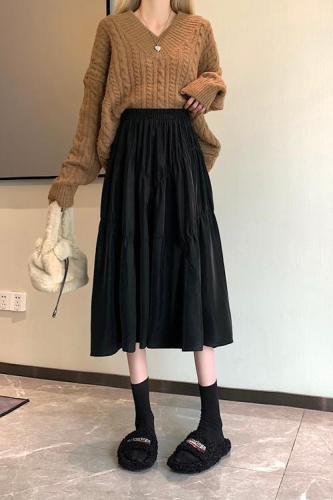 Actual shot~Autumn and winter design pleated skirt women's mid-length high-waisted skirt with large A-line hem