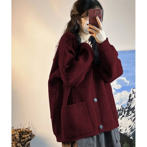 Christmas red sweater jacket for women in autumn and winter new style loose soft and waxy lazy style knitted cardigan outer wear top thickened