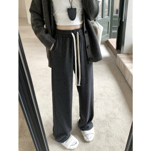 Real shot of dark gray glutinous rice casual pants for women, straight plus size fat mm, drapey pear-shaped body wide leg pants