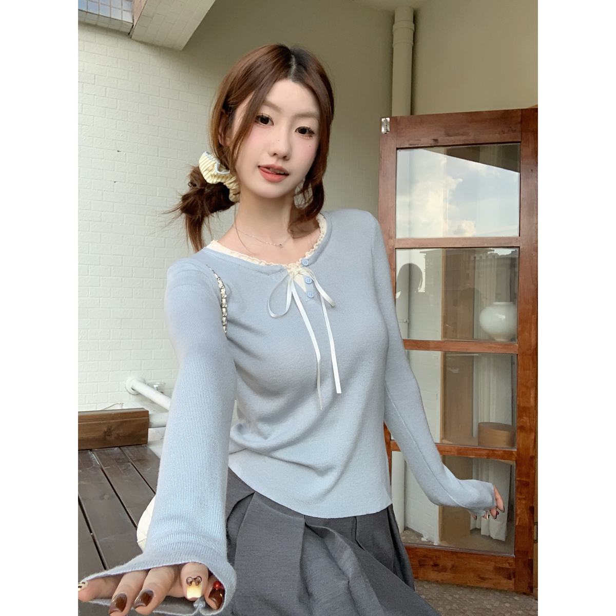 Real shot of autumn and winter Korean style contrasting lace lace-up buttons sweet 6 wool knitted long-sleeved bottoming top for women