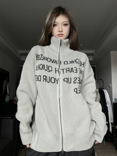 2024 Autumn and Winter New Warm Thickened Printed Long Sleeve Stand Collar Jacket Lazy Sweater Knitted Cardigan