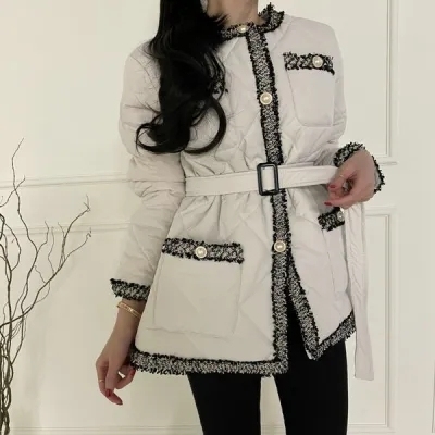 Korean chic tassel raw edge pearl button small fragrant rhombus quilted waist cotton coat for slimming women