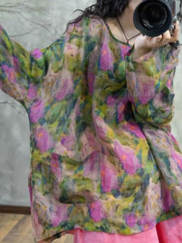 Lazy style light ramie oil painting blooming temperament round neck pastoral style sunproof shirt