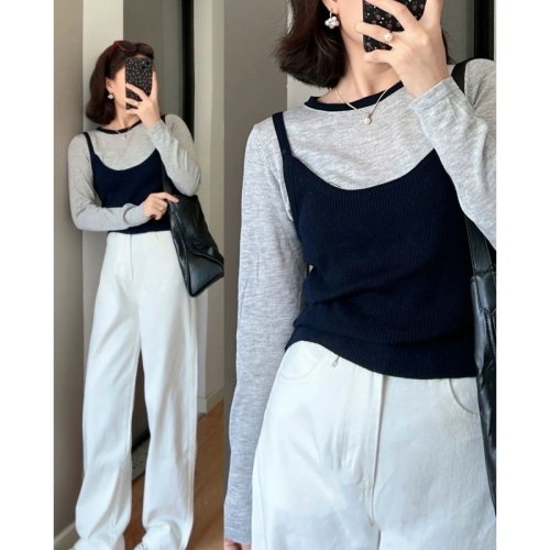 Korean retro soft waxy cashmere contrasting sweater for women autumn layering versatile camisole bottoming two-piece top