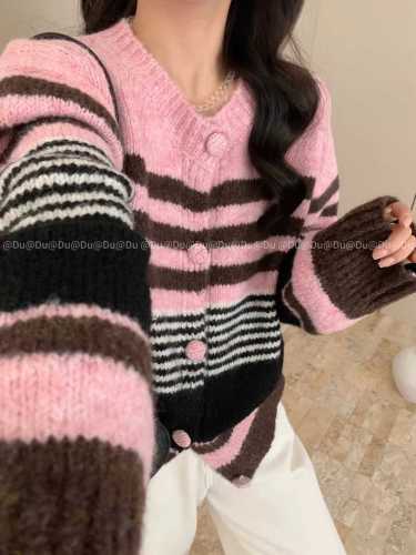 Autumn and winter new style Korean atmosphere wear matching color striped knitted imitation mohair fleece sweater cardigan jacket