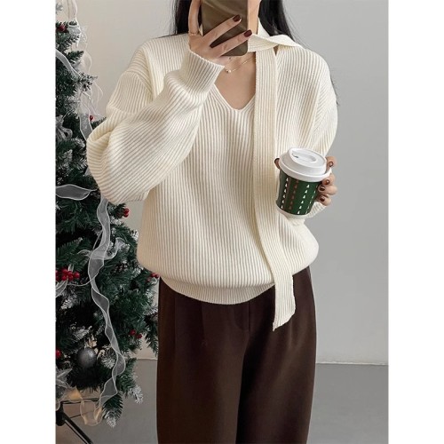 Taochuan blogger model ~ temperament V-neck ribbon design pit sweater women's high-end lazy style sweater