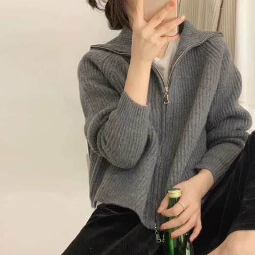 Lazy style cardigan women's knitted tops versatile autumn short style loose outer sweater jacket ins trend